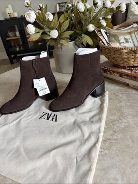 Zara Dark Brown Suede Ankle Boots with Block Heel